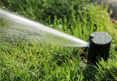 watering the grass with sprinkler system